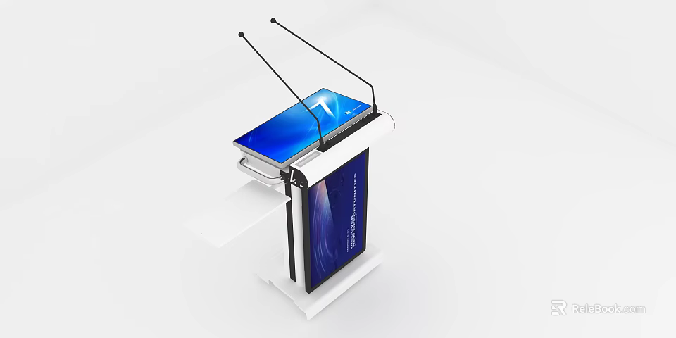 Modern Digital Podium With Large Blue Screen Dual Microphones And White Base 3d model 