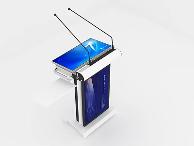 Modern Digital Podium With Large Blue Screen Dual Microphones And White Base 3d model