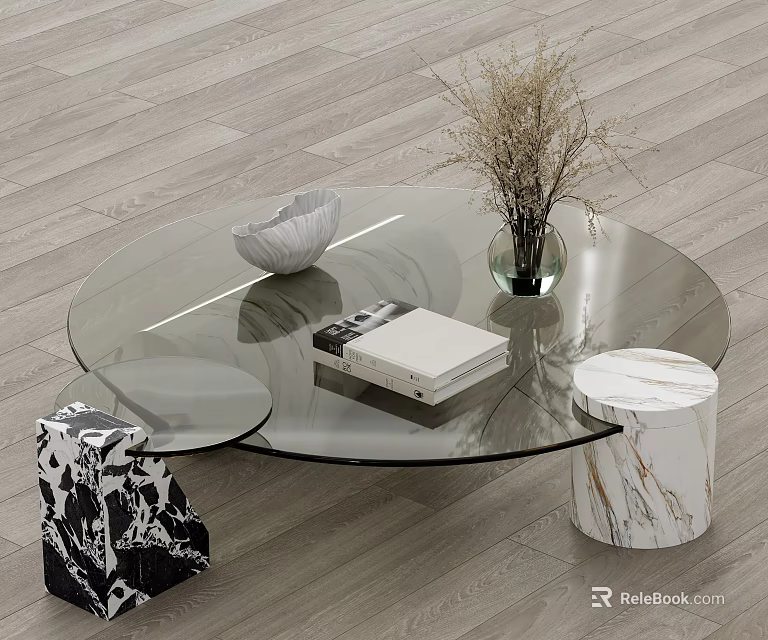 Transparent Circular Glass Coffee Table With Vase Dried Flowers Book Decorative Bowl And Patterned Supports 3d model 
