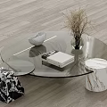 Transparent Circular Glass Coffee Table With Vase Dried Flowers Book Decorative Bowl And Patterned Supports