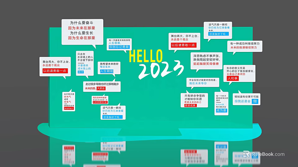 HELLO 2023 Photo Check-in Spot with Multiple Theme Speech Bubbles on Teal Background 3d model