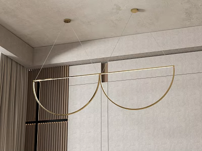 Elegant Modern Golden Chandelier With Symmetrical Semicircular Metal Frames Hung From Ceiling With Thin Wires 3d model