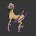 Pink Purple Fantasy Game Movie Character with Big Yellow Green Eyes and Long Feathery Tail
