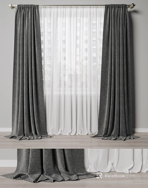 Gray Velvet Curtains With White Sheer Panels For Modern Home Window Decor 3d model 