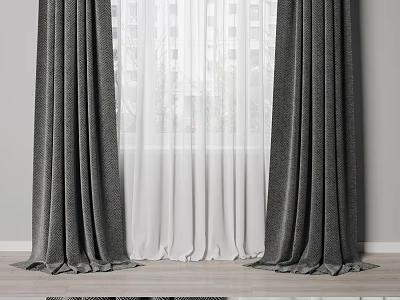 Gray Velvet Curtains With White Sheer Panels For Modern Home Window Decor 3d model