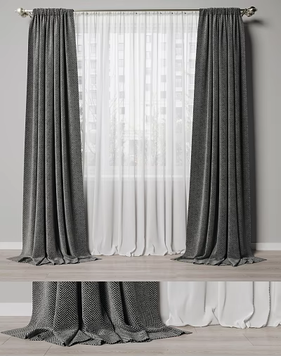 Gray Velvet Curtains With White Sheer Panels For Modern Home Window Decor 3d model
