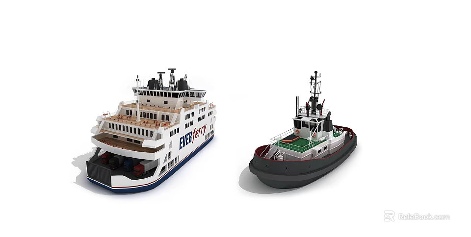 Two Different Types Of Ships Ferry And Tugboat 3d model 