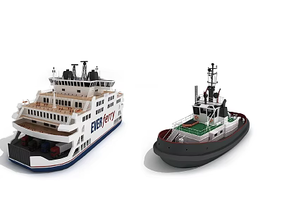 Two Different Types Of Ships Ferry And Tugboat 3d model