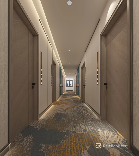 Modern Hotel Corridor With Doors On Both Sides Patterned Carpet And Ceiling Lighting 3d model 
