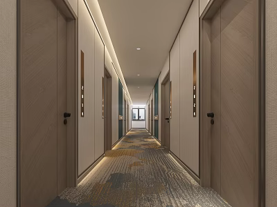 Modern Hotel Corridor With Doors On Both Sides Patterned Carpet And Ceiling Lighting 3d model