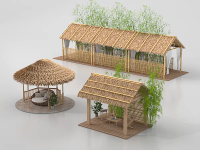 Different Types of Thatched Huts with Bamboo Green Plants and Wooden Outdoor Resting Areas 3d model