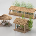 Different Types of Thatched Huts with Bamboo Green Plants and Wooden Outdoor Resting Areas