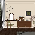 Elegant Wooden Dressing Table with Mirror Chair Lamp Drawers and Decorative Painting