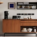 Modern Wooden Sideboard With Coffee Machine Toaster Floor Lamp And Wall Shelves