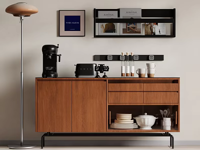 Modern Wooden Sideboard With Coffee Machine Toaster Floor Lamp And Wall Shelves 3d model