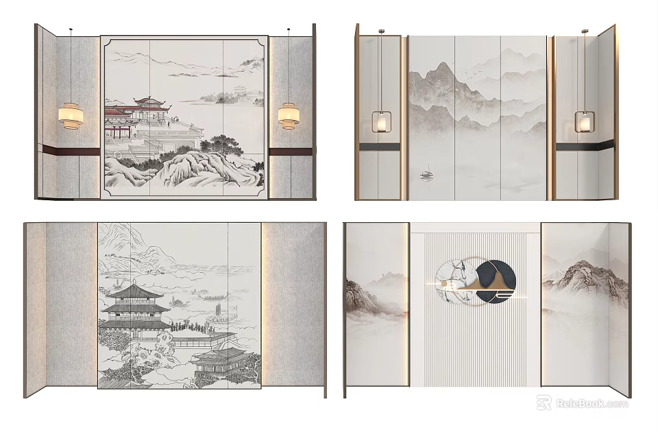 Chinese Style Feature Wall with Traditional Mountain Landscape and Pavilion Design 3d model 