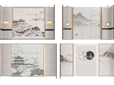 Chinese Style Feature Wall with Traditional Mountain Landscape and Pavilion Design 3d model