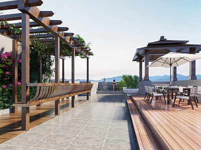 Outdoor Patio With Wooden Pergola Vines Purple Flowers Bench Gazebo Tables Chairs And Mountain View 3d model