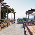 Outdoor Patio With Wooden Pergola Vines Purple Flowers Bench Gazebo Tables Chairs And Mountain View