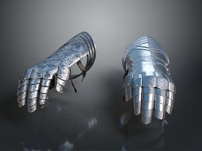 Pair of Medieval Armor Gloves Silver Metal Construction With Ornate Finger Design And Shiny Finish 3d model
