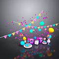 Delicious Birthday Cake at Joyful Party with Colorful Balloons Streamers and Gift Boxes