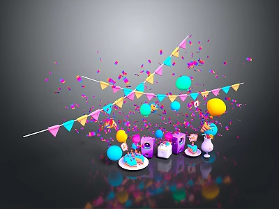 Delicious Birthday Cake at Joyful Party with Colorful Balloons Streamers and Gift Boxes 3d model