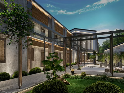 Traditional Chinese Garden Landscape With Wooden Structures Green Plants Stone Features And Courtyard Path 3d model