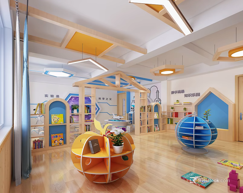 Kindergarten Interior With Bright Space Colorful Shelves Books And Toys 3d model 