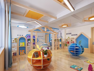 Kindergarten Interior With Bright Space Colorful Shelves Books And Toys 3d model