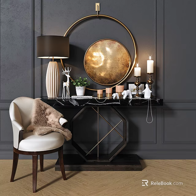 Elegant Modern Dressing Table With Octagonal Frame Round Gold Mirror White Chair And Table Lamp 3d model 