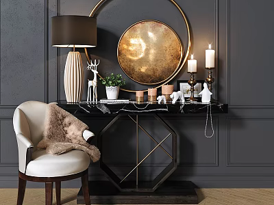 Elegant Modern Dressing Table With Octagonal Frame Round Gold Mirror White Chair And Table Lamp 3d model