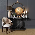 Elegant Modern Dressing Table With Octagonal Frame Round Gold Mirror White Chair And Table Lamp
