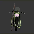 Showcase Retro Futuristic Motorcycle with Brown Seat Green Rims Black Body and Side Mounted Rifle