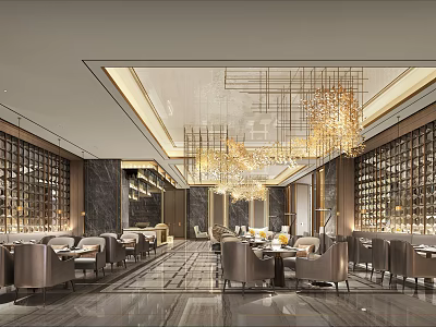 Elegant Luxury Restaurant Interior With Golden Chain Chandeliers Neatly Arranged Tables And Marble Flooring 3d model