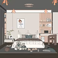 Cozy Kids Room Interior With Bed Pillows Stuffed Toys Bookshelves Desk And Painting