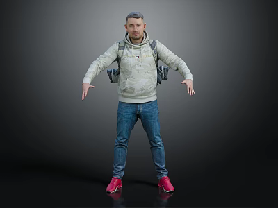 Casual Men's Outfit With Beige Hoodie Blue Jeans Red Sneakers And Camouflage Backpack 3d model