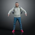 Casual Men's Outfit With Beige Hoodie Blue Jeans Red Sneakers And Camouflage Backpack