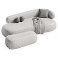 Beige And Green Tiger Patterned Irregular Shaped Sofa With Round Cushions And Plaid Blanket