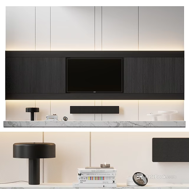Modern TV Wall With Black Panels Marble Shelf And TV 3d model 