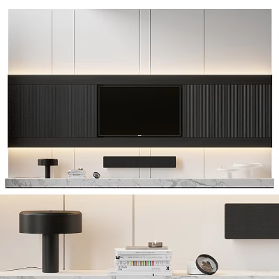 Modern TV Wall With Black Panels Marble Shelf And TV 3d model