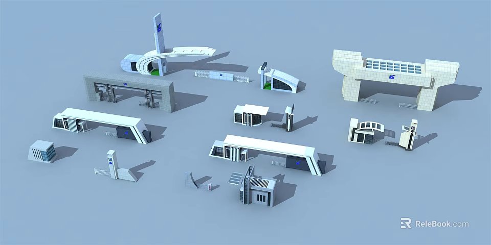 Modern Entrance Gate Designs Featuring Various Architectural Structures And Glass Elements 3d model