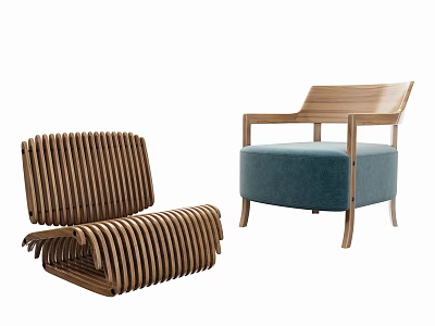 Stylish Leisure Chairs With Wooden Slat Foldable Design And Blue Cushion Armrests 3d model