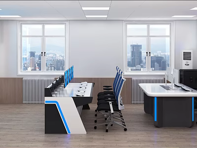 Modern Control Room Interior Design With Multiple Monitor Screens And Ergonomic Chairs 3d model