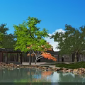 Picturesque Waterfront Landscape With Lush Trees Traditional Pavilion And Calm Water Reflections