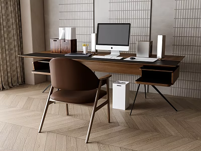 Modern Wooden Office Desk With Computer Monitor File Organizer Chair And Herringbone Floor 3d model
