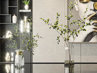 Glass Vases With Green Branches In Modern Interior On Black Tabletop Against Gray Wall 3d model
