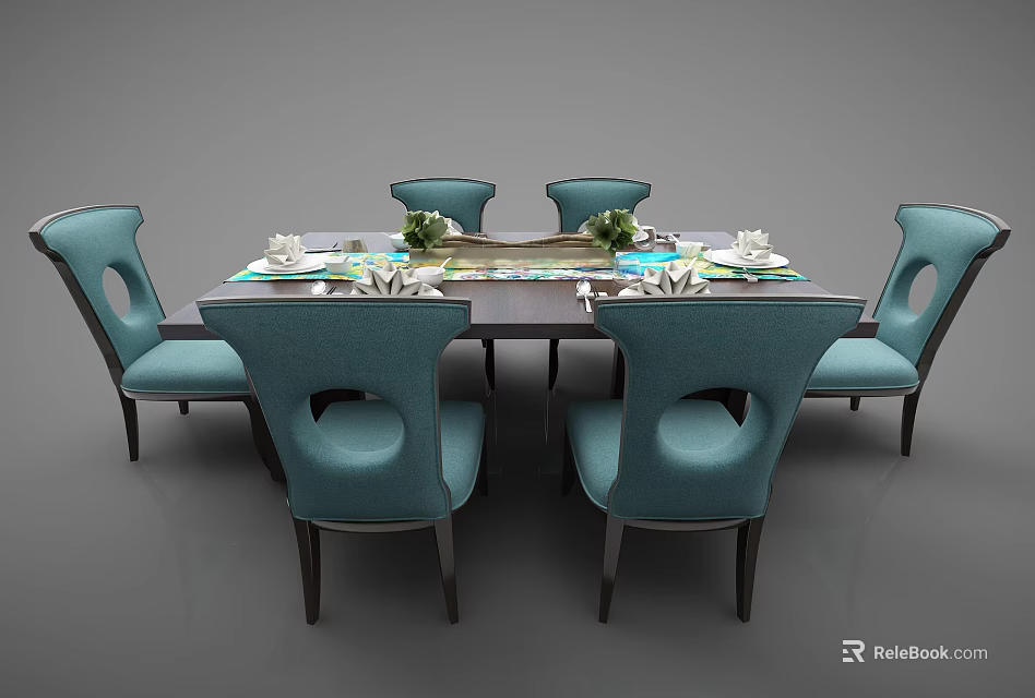 Dining Table Set Featuring Six Light Blue Curved Chairs Dark Tabletop Tableware and Green Decorations 3d model