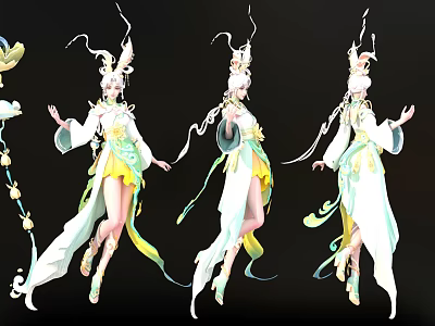 Game Movie Female Character With Elaborate White Yellow Green Costume Flowing Hair Floral Ribbons 3d model