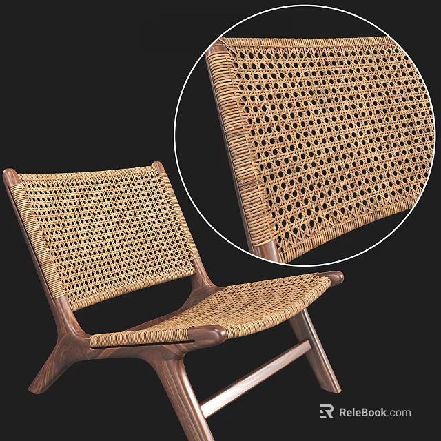 Modern Walnut Wood Frame Leisure Chair With Woven Rattan Seat And Backrest 3d model 