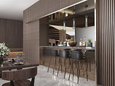 Modern Restaurant Interior With Wooden Walls Bar Counter Bar Stools And Dining Table 3d model
